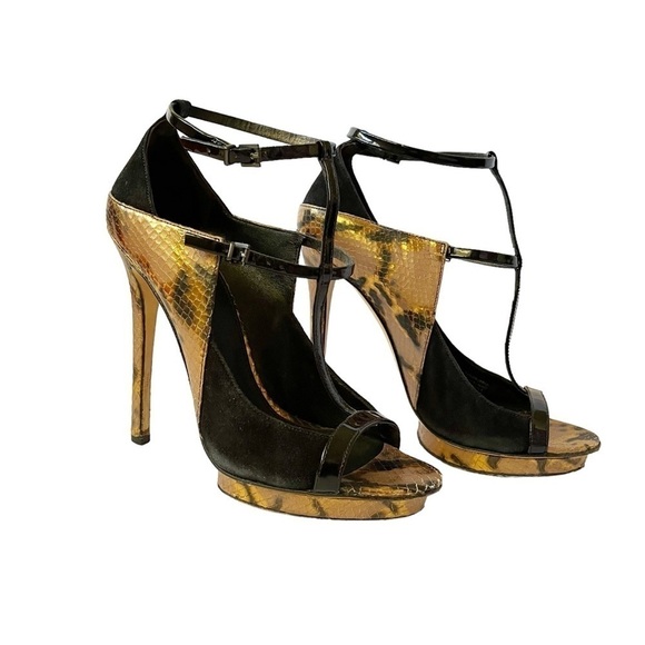 Brian Atwood Campisa black suede and bronze snakeskin embossed stiletto heels - Picture 11 of 11